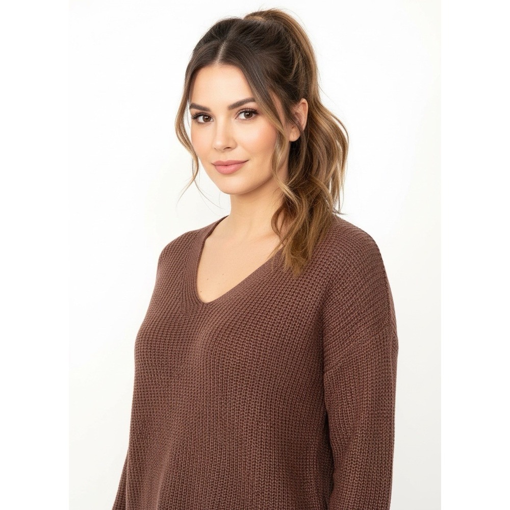 Womens Sweater XL Josslyn Brown Rust V-neck‎ Ribbed Preppy Earthy Timeless